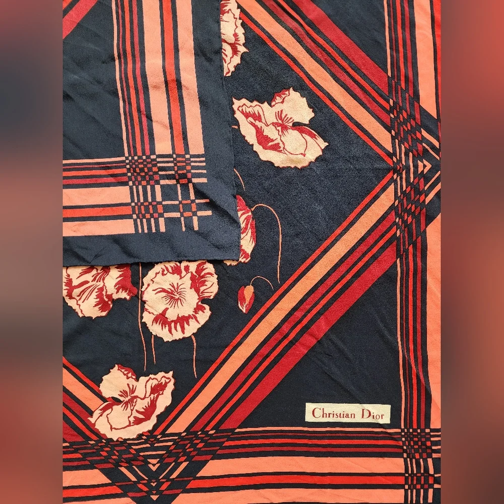 Auth Dior Floral L Navy and Pink Silk Scarf